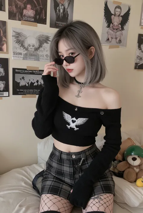 A portrait of a young Korean woman in a modern punk-gothic style poses casually yet confidently. She has a slender body, beautifully curvy, revealing her navel, broad shoulders, ample thighs, ample buttocks, fair skin, an oval face, a high nose, and a calm...