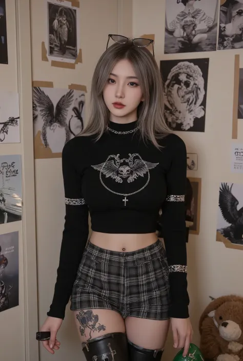 A portrait of a young Korean woman in a modern punk-gothic style poses casually yet confidently. She has a slender body, beautifully curvy, revealing her navel, broad shoulders, ample thighs, ample buttocks, fair skin, an oval face, a high nose, and a calm...