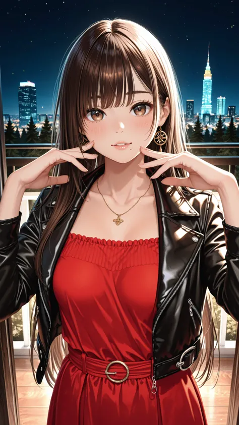 group golden ratio, Proper Configuration,beautiful illustrations seen from the forest, (masterpiece, details:1.2), Maoricus,score_9, score_8_up, score_7_up, score_6_up, score_5_up, 1girl, small breasts, Dirty Anime Style, Leather Jacket, A beautiful Japane...