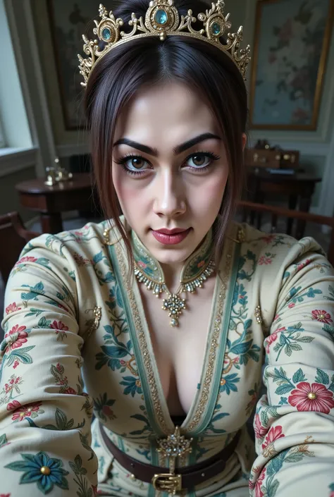 A mesmerizingly enchanting enchanter gazes out, with eyes that seem to draw you in. This composite photograph captures a surreal blend of fantasy and reality. The enchanter is adorned in luxurious, shimmering robes that seem to shift in color with each pas...