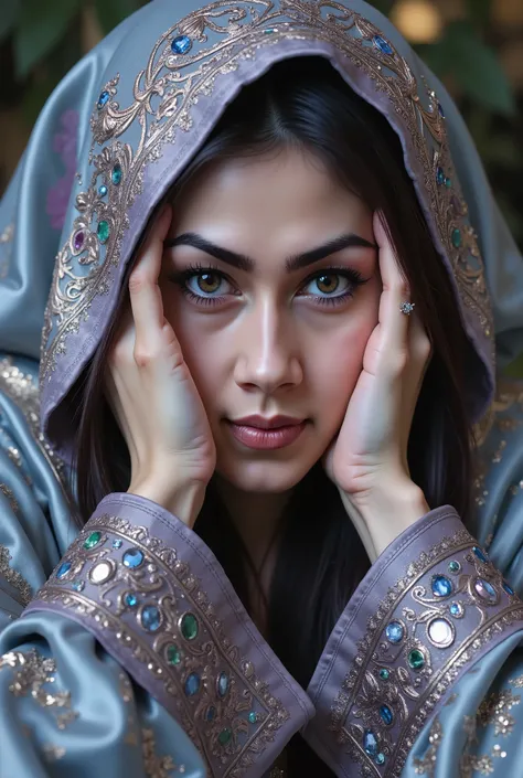 A mesmerizingly enchanting enchanter gazes out, with eyes that seem to draw you in. This composite photograph captures a surreal blend of fantasy and reality. The enchanter is adorned in luxurious, shimmering robes that seem to shift in color with each pas...