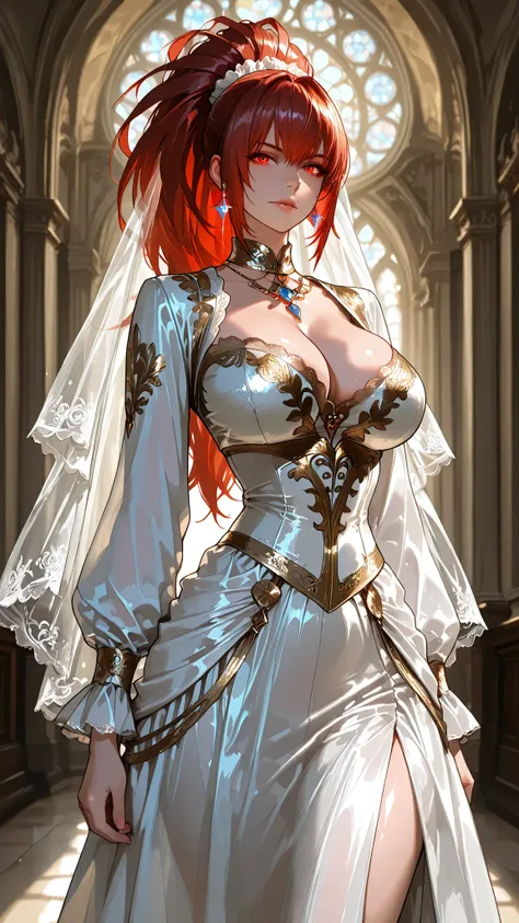 solo, LNHDRNKOF, red hair, glowing eyes, big hair, long hair, ponytail, indoor, evil, corruption, black eye shadow, mature woman, Tight waist、Small waist、shiny Skin , sexy, (adult woman, 25+), An opulent couture wedding dress with a cathedral-length veil...