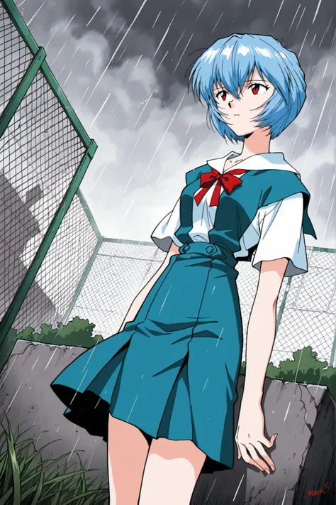 (masterpiece, best quality, official art), 1girl, solo, ayanami rei, (standing near a chain-link fence:1.3), wearing sailor school uniform, white blouse, red bow tie, blue flared skirt, blue hair, red eyes, mouth closed, (looking into the distance:1.2), di...