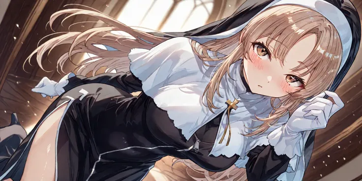 light brown eyes,nun, habit, capelet, white capelet, dress, black dress, gloves, white gloves, zipper,sc1, long hair, brown eyes, light brown hair, parted bangs,,両脚を開く, ラバーコスチューム, ブーティーポーズ, アレーにあります。, アレウェイ, 一人の女の子, とろけるような表情, 鼻の赤み, 興奮,喜びの表情, 半眼, わいせつ , 目を...