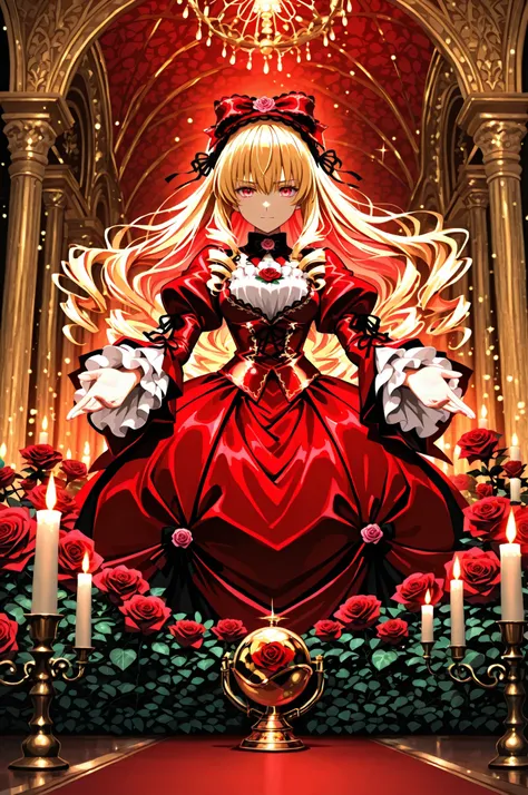 authentic animated key visuals, gentle natural light and candlelight Great lighting by {x} A spectacular scene where the main characters of Rozen Maiden meet in one place, Elegant ball setting, exquisite Luzenburg doll costume, rich lace and ribbon decorat...