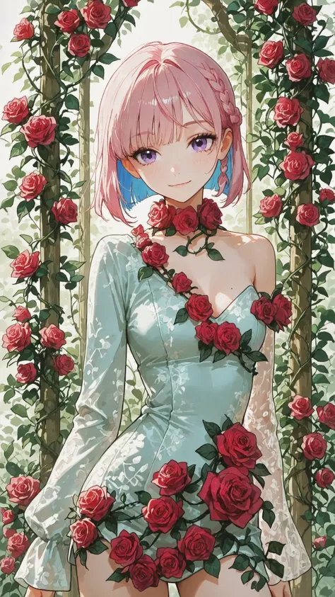 Lazy,pink hair, short bob, blue inner hair, small blue braids on the left side, bangs on the right side are slightly longer and no braids,purple eyes,Rose ivy all over her body,Rose Costume,Tangled ivy,cute girl