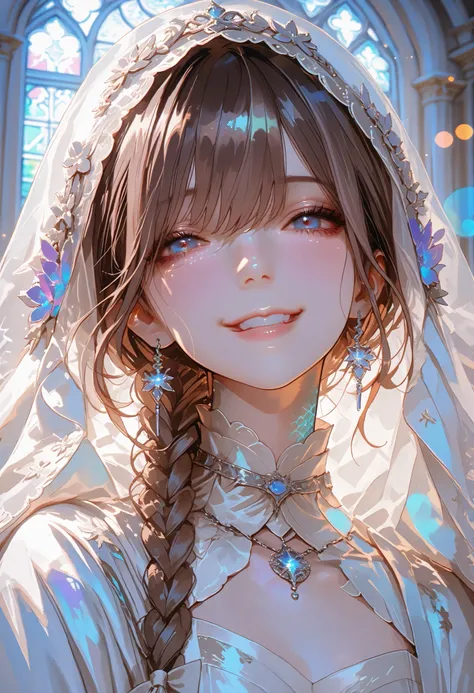 The Veiled Bride、graceful behavior、Blasphemous expressions、Dark Dawn、holy church background、 sex、High Quality、portrait、Photo、HDR、bokeh effect、Delicate Hues,Beneath the veil、Baby-Faced Girl Who Can't See Her Expressions、Winter clothing、in a crowd、Modest Smi...