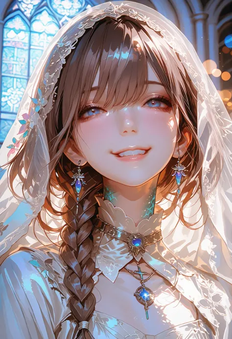 The Veiled Bride、graceful behavior、Blasphemous expressions、Dark Dawn、holy church background、 sex、High Quality、portrait、Photo、HDR、bokeh effect、Delicate Hues,Beneath the veil、Baby-Faced Girl Who Can't See Her Expressions、Winter clothing、in a crowd、Modest Smi...