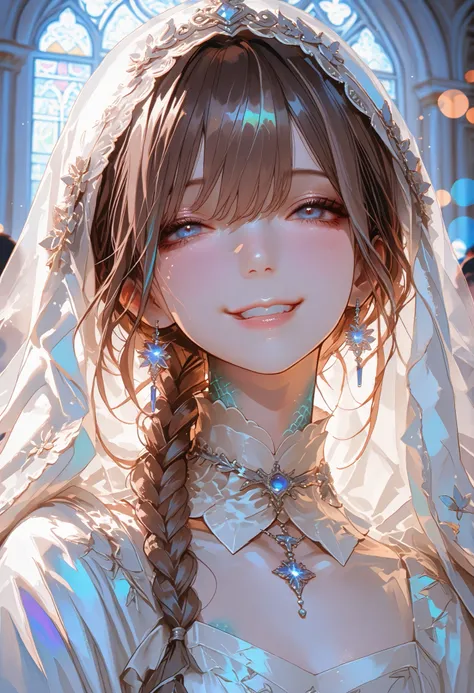 The Veiled Bride、graceful behavior、Blasphemous expressions、Dark Dawn、holy church background、 sex、High Quality、portrait、Photo、HDR、bokeh effect、Delicate Hues,Beneath the veil、Baby-Faced Girl Who Can't See Her Expressions、Winter clothing、in a crowd、Modest Smi...
