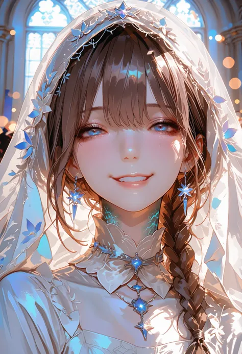 The Veiled Bride、graceful behavior、Blasphemous expressions、Dark Dawn、holy church background、 sex、High Quality、portrait、Photo、HDR、bokeh effect、Delicate Hues,Beneath the veil、Baby-Faced Girl Who Can't See Her Expressions、Winter clothing、in a crowd、Modest Smi...