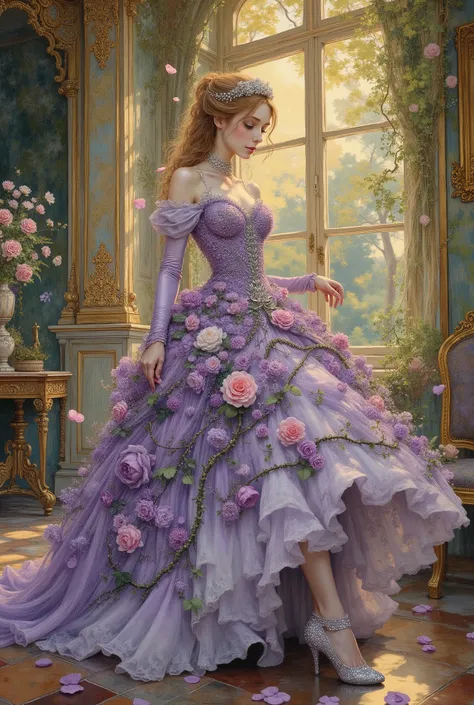 

epic fairytale portrait of Cinderella as a "Rose Girl", her ball gown is intricately crafted from blooming lavender roses and delicate green thorny vines, some rose petals are floating around her, beautiful sparkling crystal slippers, inside a magnificen...