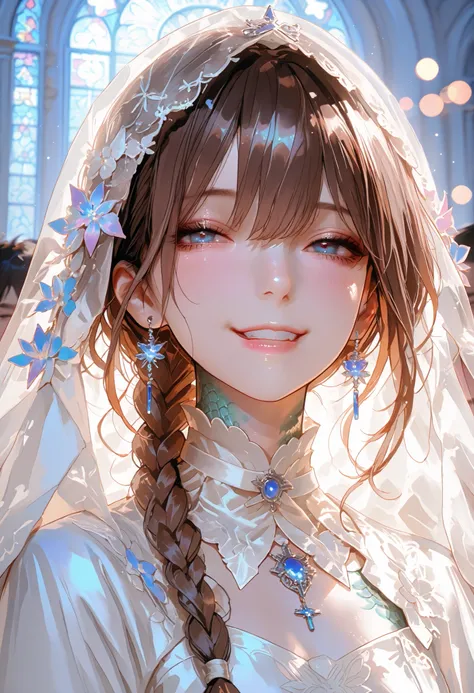 The Veiled Bride、graceful behavior、Blasphemous expressions、Dark Dawn、holy church background、 sex、High Quality、portrait、Photo、HDR、bokeh effect、Delicate Hues,Beneath the veil、Baby-Faced Girl Who Can't See Her Expressions、Winter clothing、in a crowd、Modest Smi...