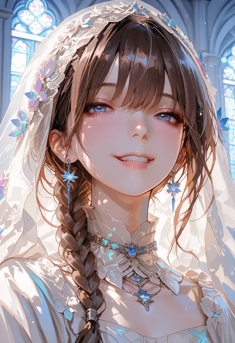 The Veiled Bride、graceful behavior、Blasphemous expressions、Dark Dawn、holy church background、 sex、High Quality、portrait、Photo、HDR、bokeh effect、Delicate Hues,Beneath the veil、Baby-Faced Girl Who Can't See Her Expressions、Winter clothing、in a crowd、Modest Smi...