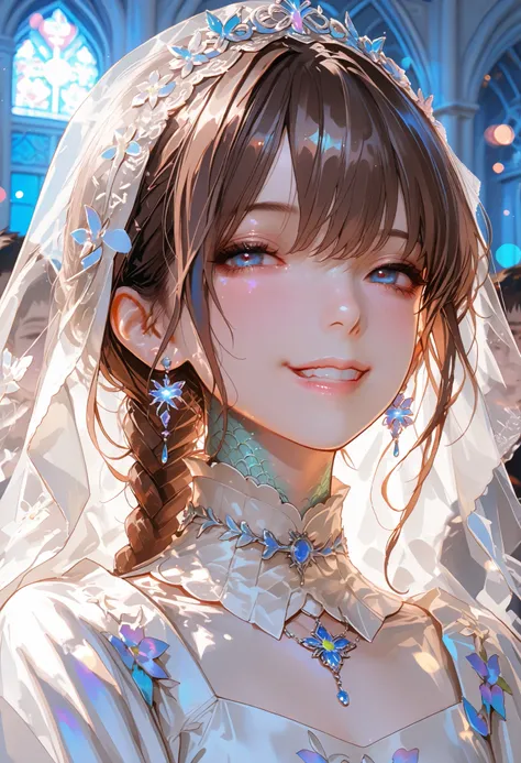 The Veiled Bride、graceful behavior、Blasphemous expressions、Dark Dawn、holy church background、 sex、High Quality、portrait、Photo、HDR、bokeh effect、Delicate Hues,Beneath the veil、Baby-Faced Girl Who Can't See Her Expressions、Winter clothing、in a crowd、Modest Smi...