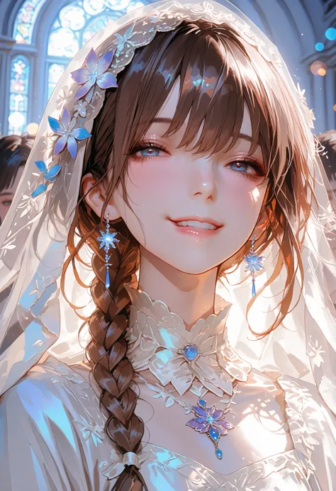 The Veiled Bride、graceful behavior、Blasphemous expressions、Dark Dawn、holy church background、 sex、High Quality、portrait、Photo、HDR、bokeh effect、Delicate Hues,Beneath the veil、Baby-Faced Girl Who Can't See Her Expressions、Winter clothing、in a crowd、Modest Smi...