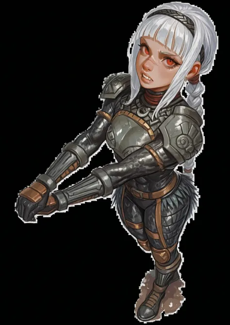 She looks like Elena from Street Fighter and has a horizontal scar across her nose. Inca girl with white dreadlocks with silver pearls and ponytail, red eyes, slanted Asian eyes, sharp canine teeth, black eyeliner, athletic body and soft abs. Slender and a...