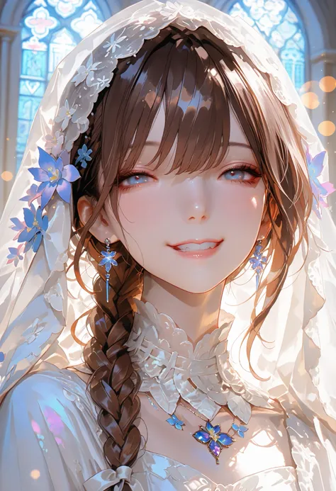 The Veiled Bride、graceful behavior、big smile、Dark Dawn、holy church background、High Quality、portrait、Photo、HDR、bokeh effect、Delicate Hues,((最High Quality)), (very detailed), (High Definition CG Composite 8K Wallpaper), 高いly detailed, 高い-definition raw colb...