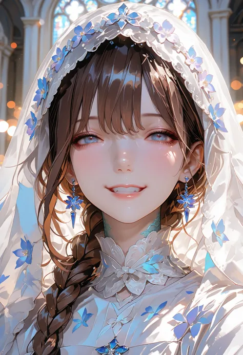 The Veiled Bride、graceful behavior、big smile、Dark Dawn、holy church background、High Quality、portrait、Photo、HDR、bokeh effect、Delicate Hues,((最High Quality)), (very detailed), (High Definition CG Composite 8K Wallpaper), 高いly detailed, 高い-definition raw colb...