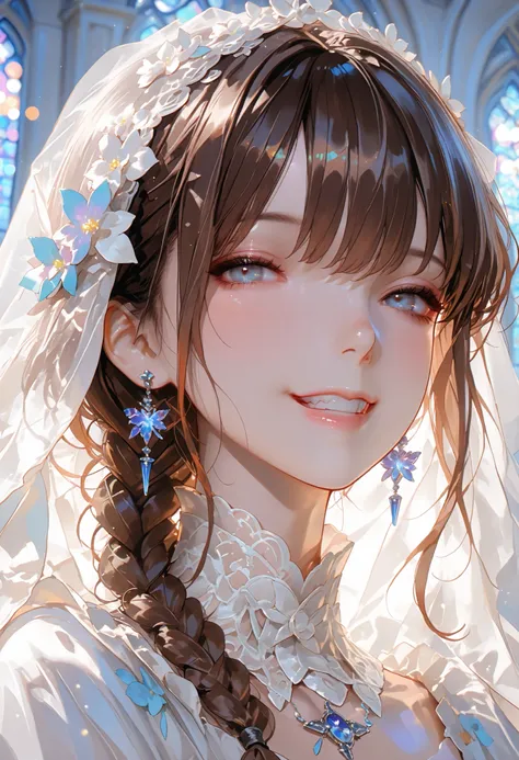 The Veiled Bride、graceful behavior、big smile、Dark Dawn、holy church background、High Quality、portrait、Photo、HDR、bokeh effect、Delicate Hues,((最High Quality)), (very detailed), (High Definition CG Composite 8K Wallpaper), 高いly detailed, 高い-definition raw colb...