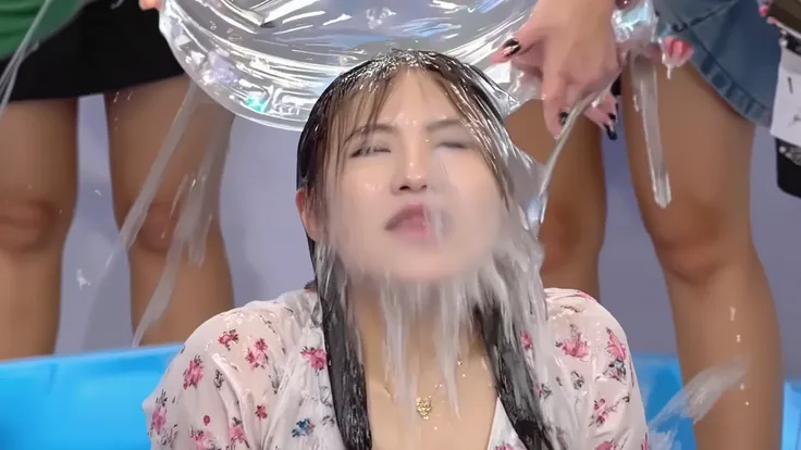 Beautiful young 18-year-old model with long pale blonde hair, cream floral dress with puff sleeves, drenched in cascading water, crystalline rivulets streaming down face, false eyelashes and sparkly eyeshadow visible through water streams, glossy lipstick,...