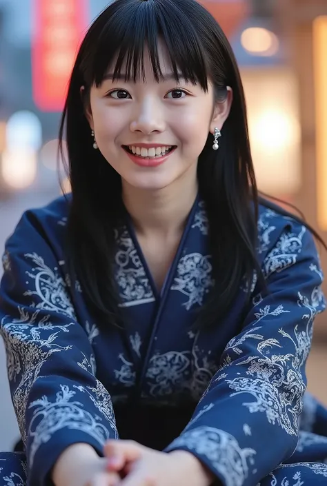 ((best quality)), ((masterpiece)), ((detail)), 若い日本人少女の全身のhigh resolution画像, ((face details)), Smile Yang, Surprised and happy expression, navy blue Japanese yukata with white pattern, ((Smooth White Thighs)), sitting posture looking up at the fireworks in...