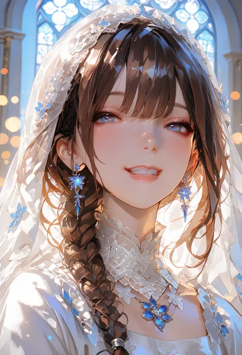 The Veiled Bride、graceful behavior、big smile、Dark Dawn、holy church background、High Quality、portrait、Photo、HDR、bokeh effect、Delicate Hues,((最High Quality)), (very detailed), (High Definition CG Composite 8K Wallpaper), 高いly detailed, 高い-definition raw colb...