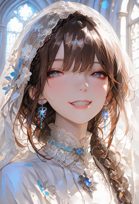 The Veiled Bride、graceful behavior、big smile、Dark Dawn、holy church background、High Quality、portrait、Photo、HDR、bokeh effect、Delicate Hues,((最High Quality)), (very detailed), (High Definition CG Composite 8K Wallpaper), 高いly detailed, 高い-definition raw colb...