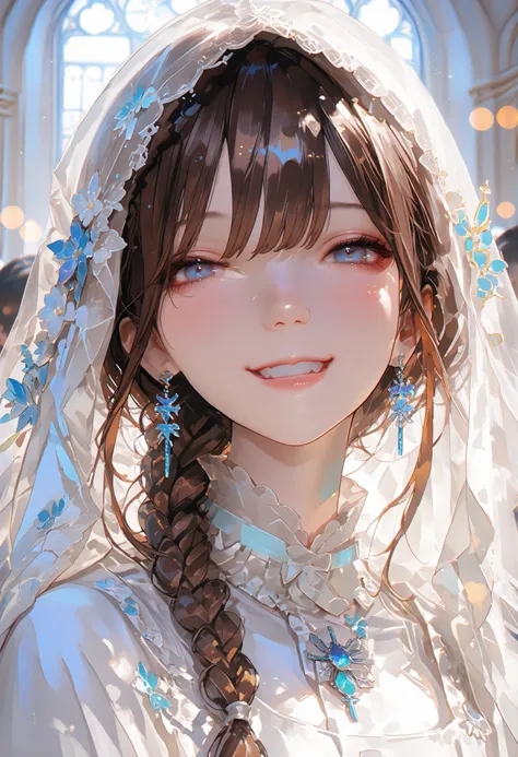 The Veiled Bride、graceful behavior、big smile、Dark Dawn、holy church background、High Quality、portrait、Photo、HDR、bokeh effect、Delicate Hues,((最High Quality)), (very detailed), (High Definition CG Composite 8K Wallpaper), 高いly detailed, 高い-definition raw colb...