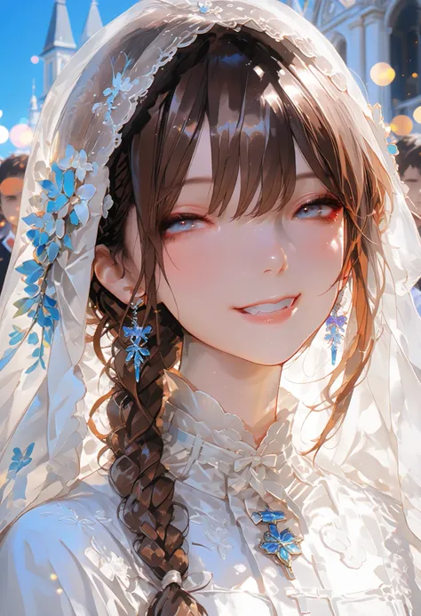 The Veiled Bride、graceful behavior、big smile、Dark Dawn、holy church background、High Quality、portrait、Photo、HDR、bokeh effect、Delicate Hues,((最High Quality)), (very detailed), (High Definition CG Composite 8K Wallpaper), 高いly detailed, 高い-definition raw colb...