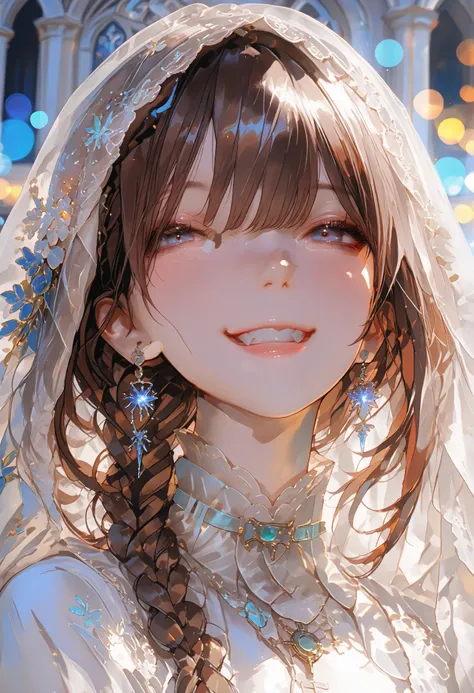 The Veiled Bride、graceful behavior、big smile、Dark Dawn、holy church background、High Quality、portrait、Photo、HDR、bokeh effect、Delicate Hues,((最High Quality)), (very detailed), (High Definition CG Composite 8K Wallpaper), 高いly detailed, 高い-definition raw colb...
