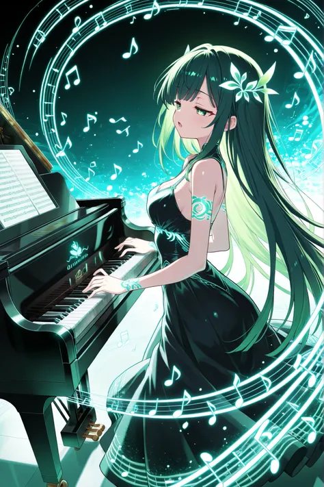 ((masterpiece),(absurdres),(ultra detailed),(beautiful detailed),(solo lady),(19-year-old),(shiny dark green hair),(dark green eyes),(straight long hair),bangs:1.1,(()),(middle breast:0.8),(()),(playing piano,pianist,outline detailed,neon texture piano,gra...