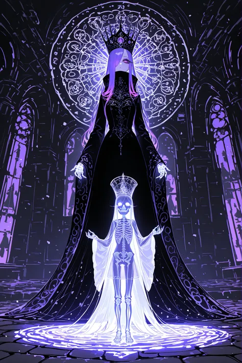  (source_anime,xxx667_illu,glowing,) The ghostly medival princes is a ghost.(She has a transparent skin, the silhouette of her skeletal bones can be see through.) She has a mature physique. She has ghostly pale skin and bruises under her eyes. She has tire...