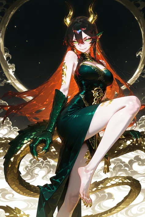 Girl is golden-red dragon Lúng ,she is hybrid of Eastern dragon. She has a sporty feminine bodybuilding. Her face has asian features. She has green jade narrow eyes. She has a pale skin covered with golden-red scales. Her scaly dragon paws has long golden ...