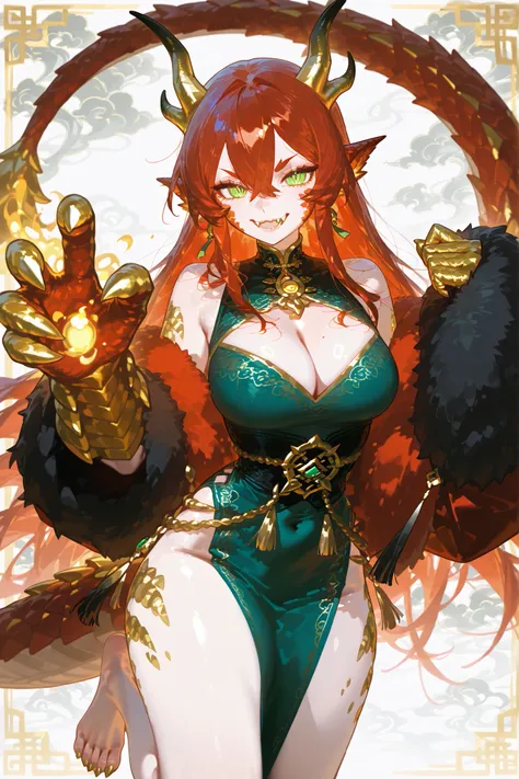 Girl is golden-red dragon Lúng ,she is hybrid of Eastern dragon. She has a sporty feminine bodybuilding. Her face has asian features. She has green jade narrow eyes. She has a pale skin covered with golden-red scales. Her scaly dragon paws has long golden ...