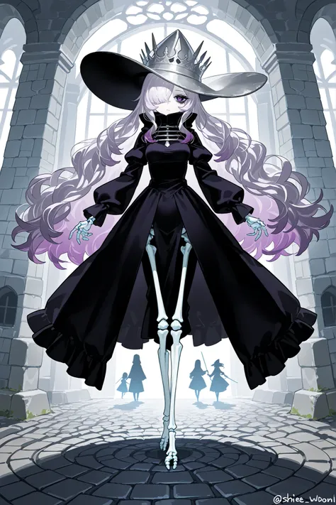 The ghostly medival princes is a ghost.(She has a transparent skin, the silhouette of her skeletal bones can be see through.) She has a mature physique. She has ghostly pale skin and bruises under her eyes. She has tired big black-purple eyes with long eye...