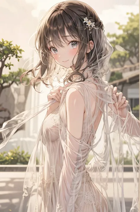 The Veiled Bride、graceful behavior、big smile、Dark Dawn、holy church background、High Quality、portrait、Photo、HDR、bokeh effect、Delicate Hues，((最High Quality)), (very detailed), (High Definition CG Composite 8K Wallpaper), 高いly detailed, 高い-definition raw colbo...