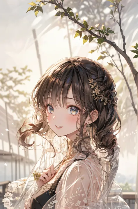 The Veiled Bride、graceful behavior、big smile、Dark Dawn、holy church background、High Quality、portrait、Photo、HDR、bokeh effect、Delicate Hues，((最High Quality)), (very detailed), (High Definition CG Composite 8K Wallpaper), 高いly detailed, 高い-definition raw colbo...