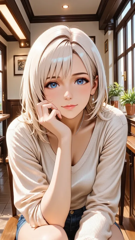 Anime style illustration, masterpiece, ultra detailed, vivid colors, soft ambient light, high resolution, realistic textures, Eye-level shot, thigh-up portrait, slightly off-center composition, A mature woman, relaxed smile, warm gaze, natural pose, beauti...