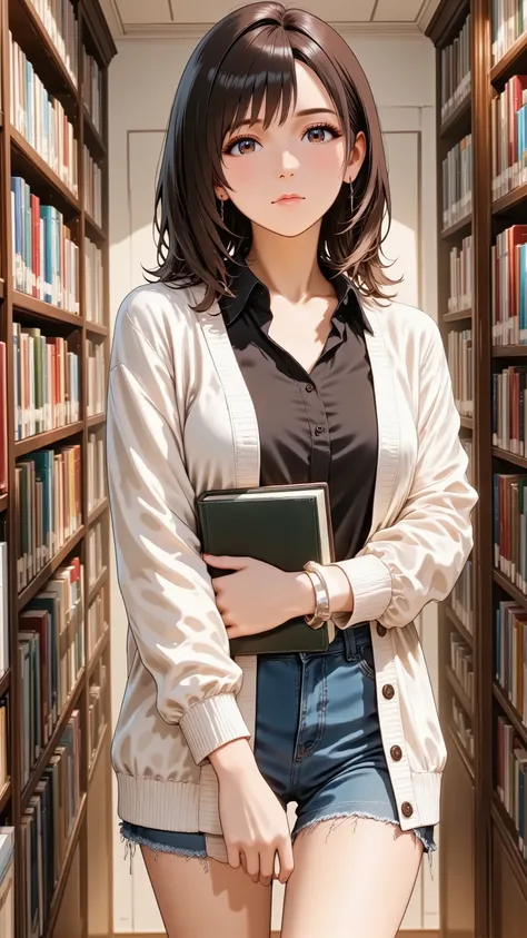 A thoughtful adult woman, a librarian, wearing smart casual attire like a cardigan and a blouse. She has natural makeup. She has natural and correct anatomy, including her hands. She is standing in a library aisle, a book gently held in one hand. Her head ...