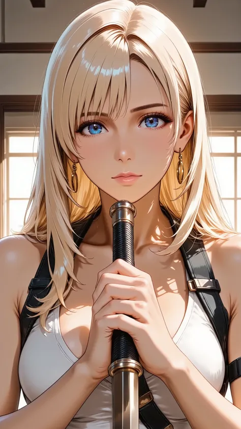 A focused adult woman, a swordswoman with long blonde hair. She has natural makeup. She has natural and correct anatomy, including her hands. She is standing, both hands gripping the hilt of her sword held vertically in front of her, the point resting on t...