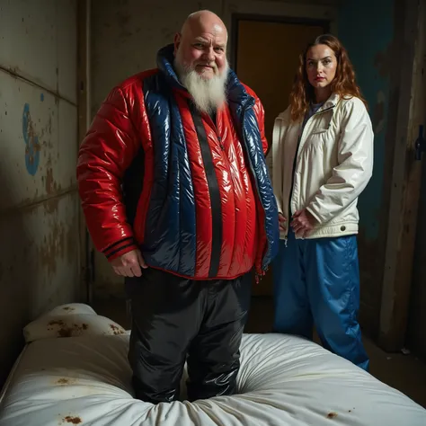 A fat 80 year old bald white man with wrinkled skin and a long beard wears a Colmar1260 jacket that is red and blue with black stripes across the chest, it is thick and quilted in a diamond pattern and very shiny, he wears black latex pants, he stands in a...