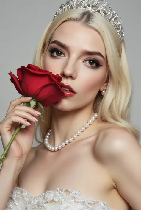 A close-up studio portrait of a young, fair-skinned woman, with long platinum blonde, softly curled hair, cascading around her shoulders, some strands delicately framing her features. Her dark eyes draw immediate attention, reflecting soft lighting. Dramat...