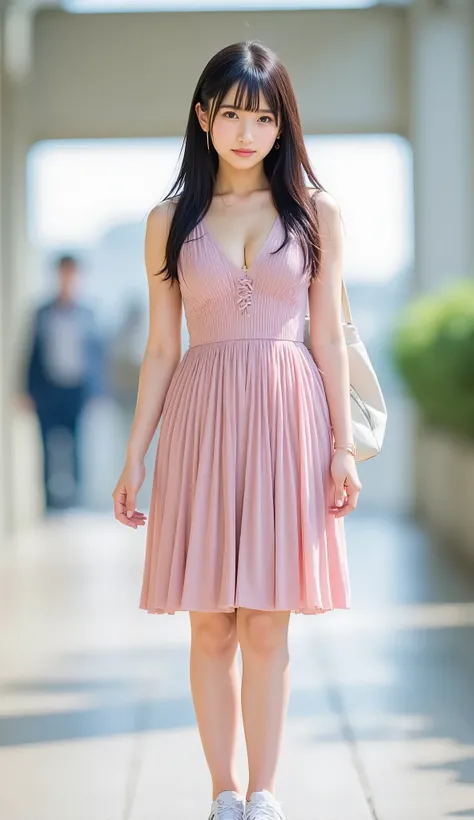 Pink knit dress:(1.45), full body shot without underwear:(1.45), Japanese woman:(1.5), 20 years old:(1.25), twin tails:(1.2), Shiny silver hair :(1.3), (with clear brown eyes ), Light in the eyes, Prickly white sneakers:(1.3), slim body , cute smile like ...