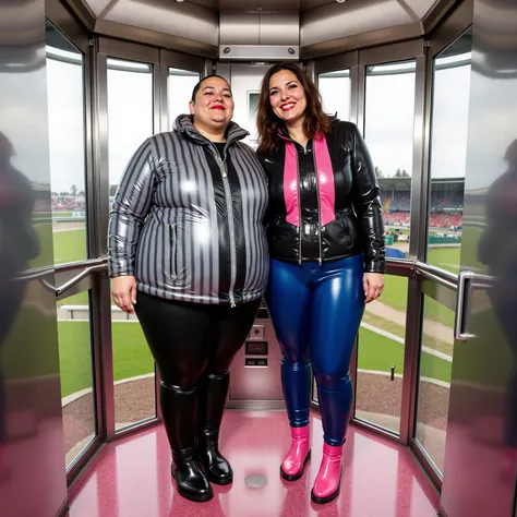 a 38 year old fat asian woman, wearing a Colmar1260 jacket that is shiny silver and black striped, wearing black latex pants, weighing 350 pounds, big arms large belly heavy legs, standing next to a thin 34 year old woman with medium length brown hair wear...