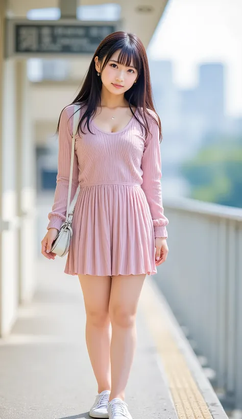 Pink knit dress:(1.45), full body shot without underwear:(1.45), Japanese woman:(1.5), 20 years old:(1.25), twin tails:(1.2), Shiny silver hair :(1.3), (with clear brown eyes ), Light in the eyes, Prickly white sneakers:(1.3), slim body , cute smile like ...