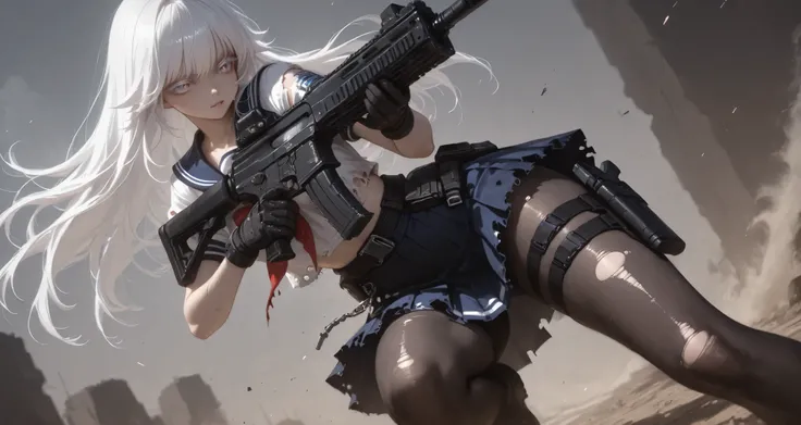 (masterpiece, Highest Quality, super detailed anime style digital painting holding a large assault rifle、closeup pictures), 1girl, long white hair、White eyelashes、Girl in a Sailor Suit、pleated skirt、I'm holding a big assault rifle。A holster belt is attache...