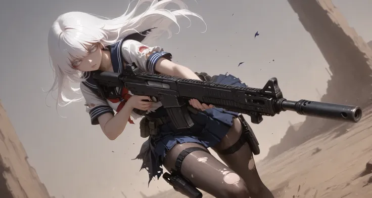 (masterpiece, Highest Quality, super detailed anime style digital painting holding a large assault rifle、closeup pictures), 1girl, long white hair、White eyelashes、Girl in a Sailor Suit、pleated skirt、I'm holding a big assault rifle。A holster belt is attache...