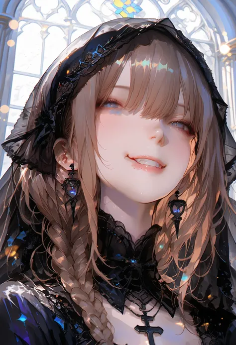 ((black veil ))、graceful behavior、big smile、Dark Dawn、holy church background、Destruction,High Quality、portrait、Photo、HDR、bokeh effect、Delicate Hues,((最High Quality)), (very detailed), (High Definition CG Composite 8K Wallpaper), 高いly detailed, 高い-definiti...