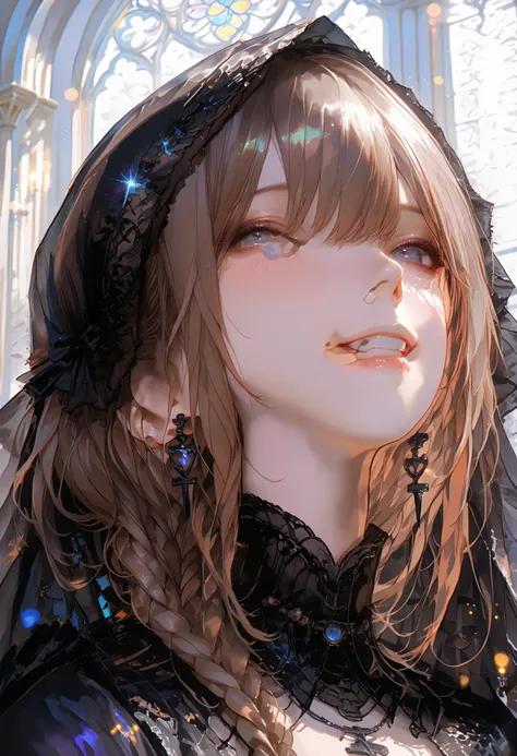 ((black veil ))、graceful behavior、big smile、Dark Dawn、holy church background、Destruction,High Quality、portrait、Photo、HDR、bokeh effect、Delicate Hues,((最High Quality)), (very detailed), (High Definition CG Composite 8K Wallpaper), 高いly detailed, 高い-definiti...