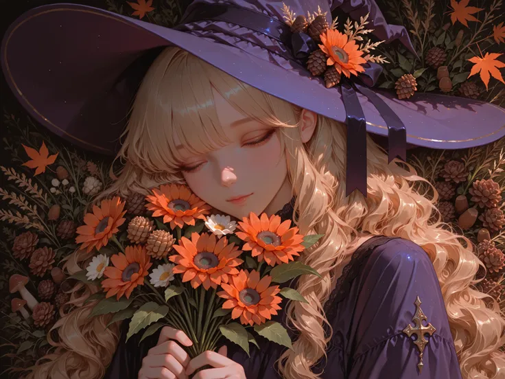 score_9, masterpiece, best quality, (oil painting:1.2),perfect anatomy,
1girl,witch girl,16yo,little teen girl,cute, kawaii, bishojo, upper body,face close-up,(facing forward:1.3),blonde hair, thick curly hair, long hair, swept bangs, long sideburns, (hair...